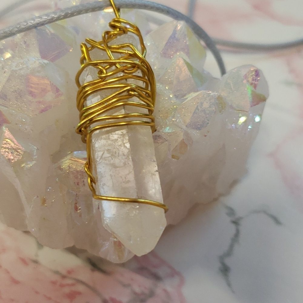 Clear Quartz  Handcrafted Cord Necklace Goldtone wire 16" length w 1" e…